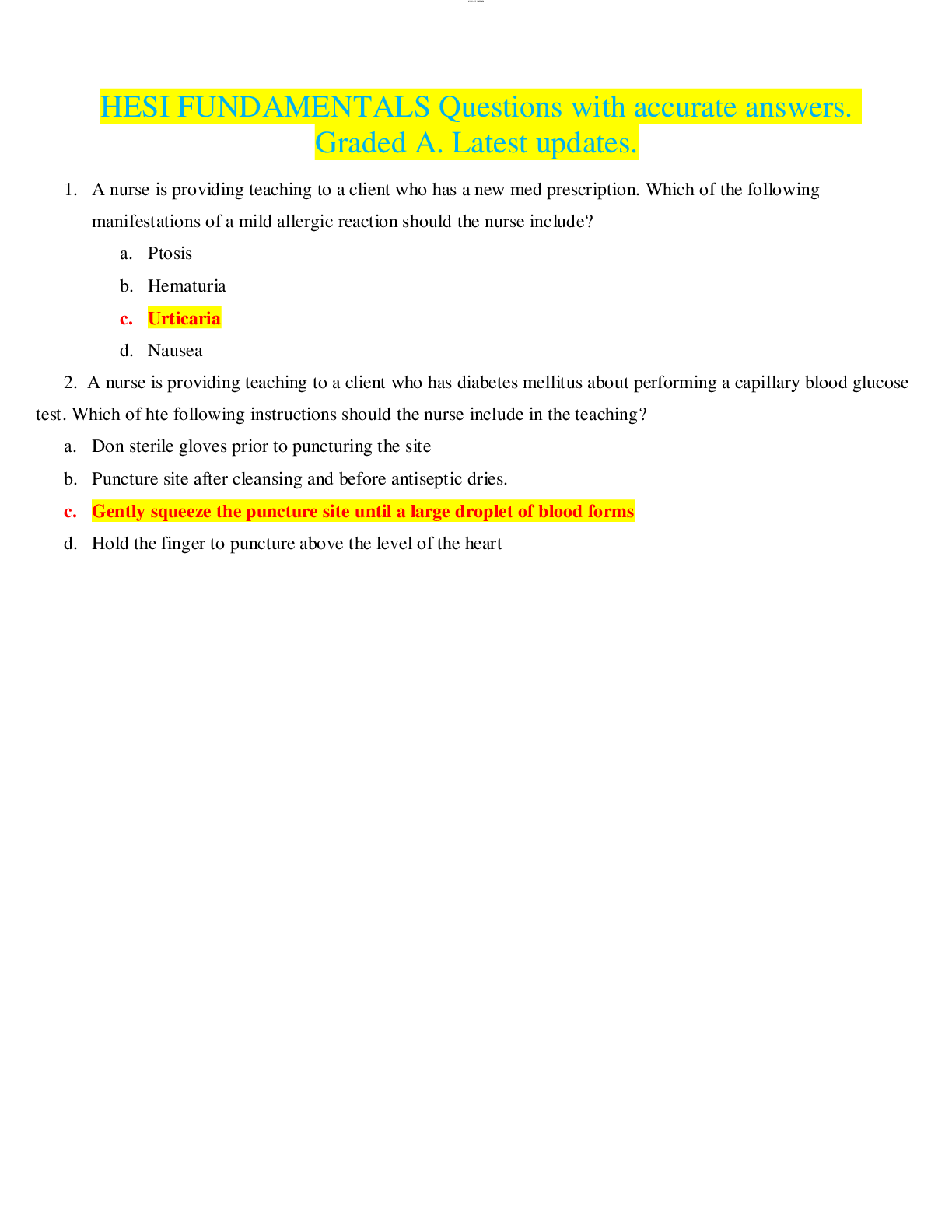Preview image for HESI FUNDAMENTALS Questions with accurate answers. Graded A. Latest updates.